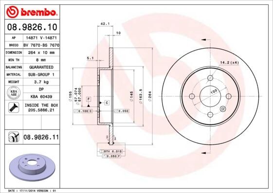 ARKA FREN AYNASI ASTRA H L67 04>14 COMBO C 01>11 MERIVA A 03>10 264x10x4DL DOLU 2 Adet