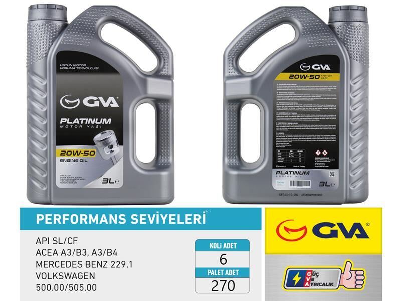 MOTOR YAĞI 20W50 3 LT PLATINUM MİNERAL API SL/CF 6 Adet
