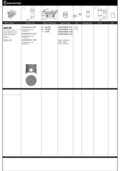 PİSTON KİTİ 1 80 STD RENAULT-NISSAN KANGOO 1.9 D 0.20 MM KISA-F8Q. 630/632/662 4 Adet