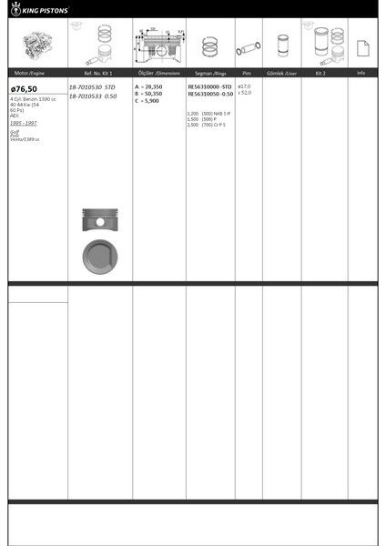 PİSTON KİTİ 1 76.5 0.50 VW-AUDI-SKODA-SEAT GOLF POLO VENTO/1389 CC AEX 4 Adet