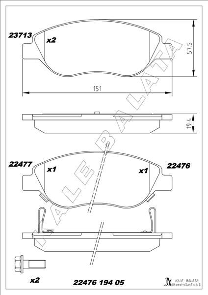 ON BALATA FIAT EGEA 15> 1.4 1.5 T4 HIBRIT 1.6 D K:19 MM G:151.1 MM BÜYÜK TİP