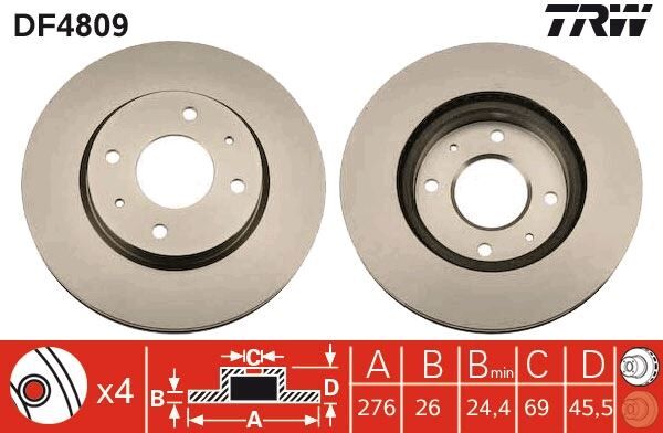 ÖN FREN DİSKİ HAVA KANALLI MITSUBISHI LANCER 1.6L 4G18 CS3A 03-08 276 çap x 4 bijon - Takım disk fiyatıdır