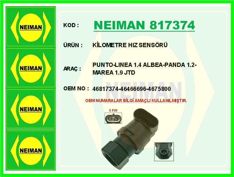 KİLOMETRE HIZ SENSÖRÜ PUNTO-LINEA 1.4 ALBEA-PANDA 1.2-MAREA 1.9 JTD