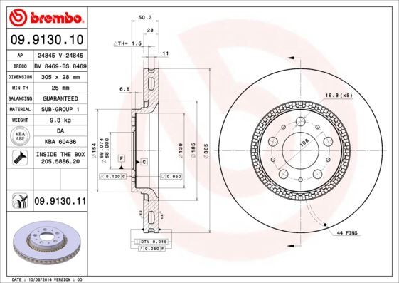 ÖN FREN AYNASI VOLVO S60 00-10 S80 98-06 V70 97-07 XC70 00-07 305x25x5DLx BÜYÜK TİP DELİKLİ -986478494-DF4053S 2 Adet