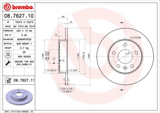 ARKA FREN AYNASI ASTRA H-COMBO C 02> MERIVA A-B 03> ASTRA G 1.8-2.0 98> ZAFIRA A 264x10x5DL 2 Adet