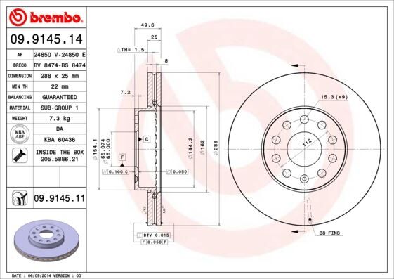 FREN DİSKİ ÖN VW CADDY-PASSAT-GOLF 5/6/7- SKODA OCTAVIA FORD CONNECT 23> ÇAP: 288mm. KALINLIK: 25mm Delik: 9 2 Adet